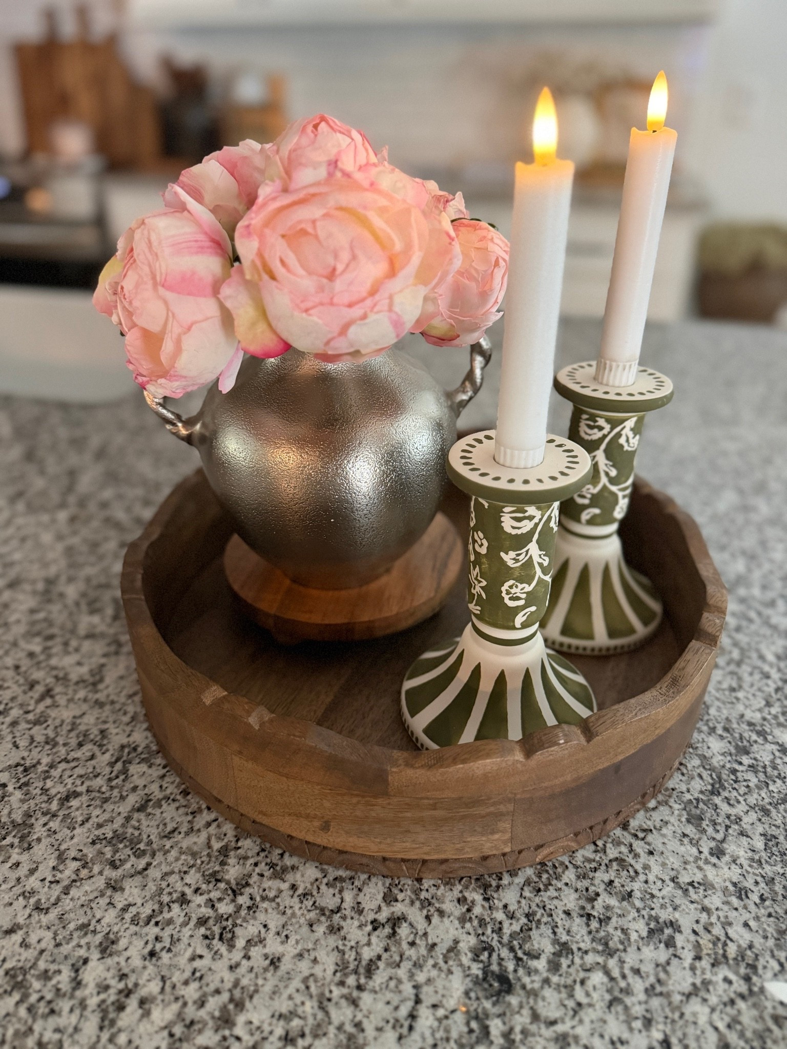 Here’s a smaller tray I just styled and I am obsessed with how it turned out! The silver vase is so pretty and surprisingly budget-friendly. I filled it with soft pink peonies and the contrast against the silver is just beautiful.

And these candlesticks…WOW. The texture gives them such a high-end look and the color is perfection. I have a feeling these are going to sell out fast, so don’t wait too long if you love them!

This is such a pretty look for a bathroom counter, coffee table, smaller dining table, or any little spot that needs something beautiful without taking up a lot of space.