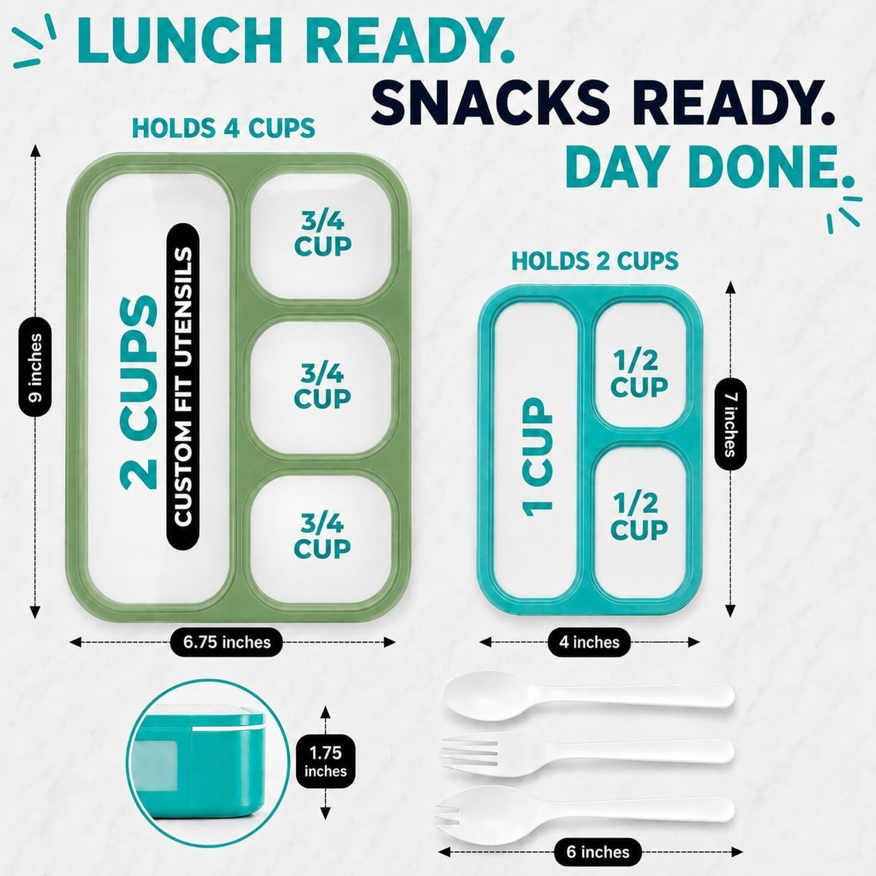 kinsho Bento Lunch Box And Snack Container Set For Kids And Adults - Large 4 & Small 3 Divided Food Compartments - Portion Control Meal Prep - Reusable for School Work Travel - 2 Pack Green Blue Set | Amazon (US)