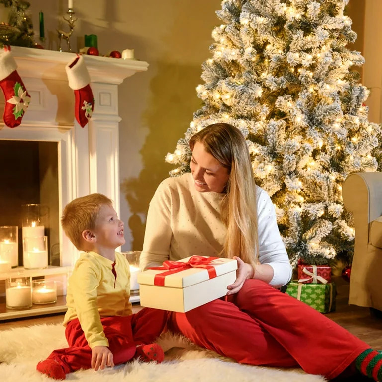 Costway 7.5ft Prelit Premium Snow Flocked Hinged Artificial Christmas Tree with 450 Light | Walmart (US)