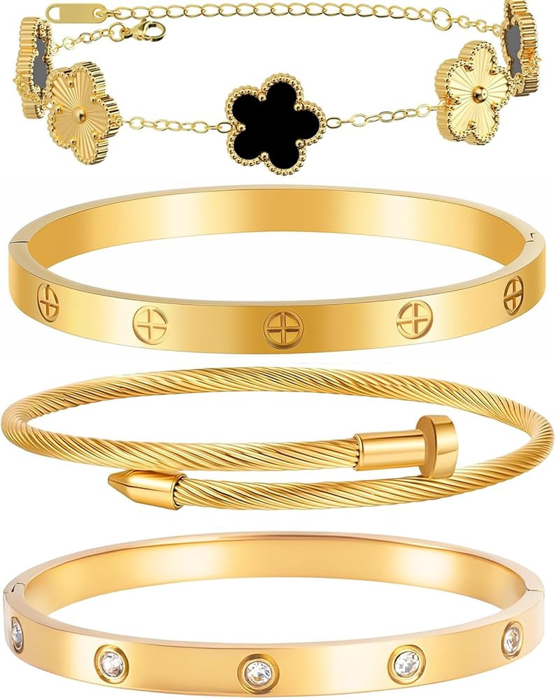 Gold Bracelets for Women-4Sets/3ets,18K Gold Plated Bracelet,Stainless Steel Bangle Bracelets Non... | Amazon (US)