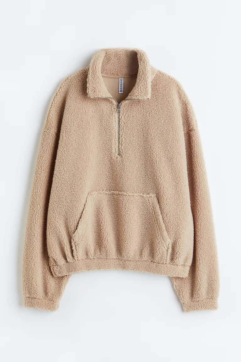 Half-zip Teddy Sweatshirt - Beige - Ladies | H&M US | H&M (US + CA)