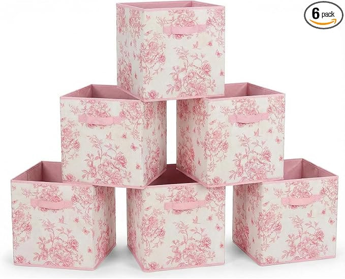 6 Pcs Pink Floral Cube Storage Bins 12.5 Inch Pink Flower Storage Basket with Handle, Preppy Girl... | Amazon (US)