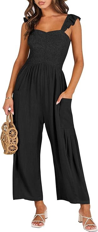 ANRABESS Women Summer Casual Dressy Sleeveless Smocked Wide Leg Linen Jumpsuits Rompers 2025 Tren... | Amazon (US)