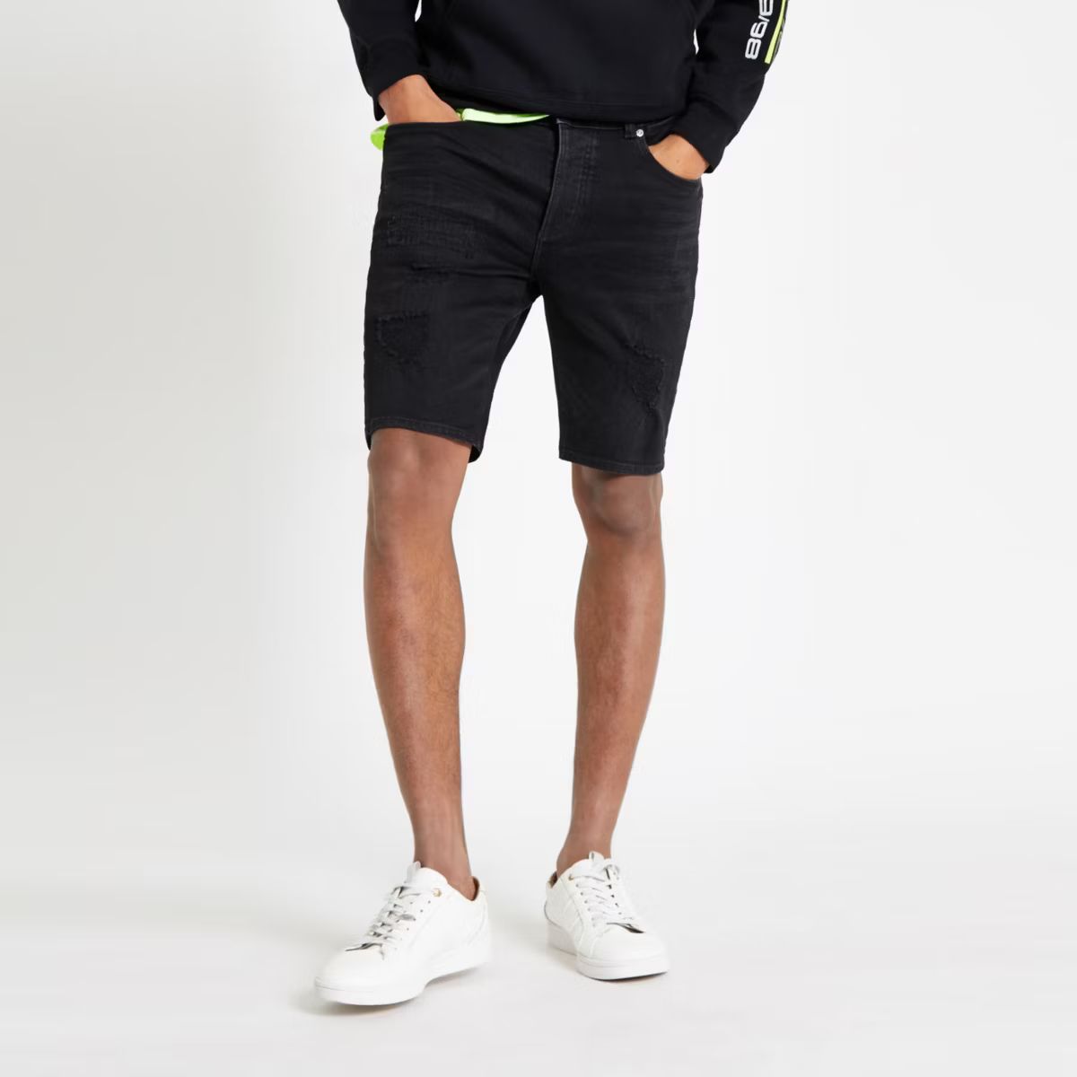 River Island Mens Black wash skinny ripped denim shorts | River Island (UK & IE)