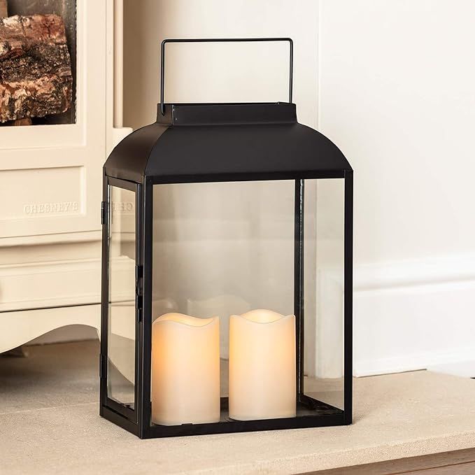 Lights4fun Large Black Metal Battery Operated LED Flameless Candle Lantern for Indoor Outdoor Use | Amazon (US)