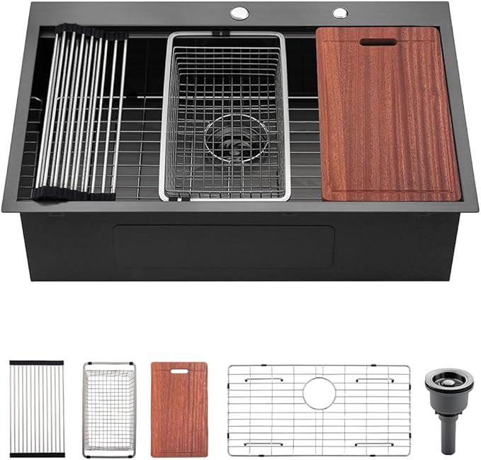 33 Black Drop In Workstation Kitchen Sink, Dorzom 33x22x10 Black Stainless Steel Topmount 18 Gaug... | Amazon (US)
