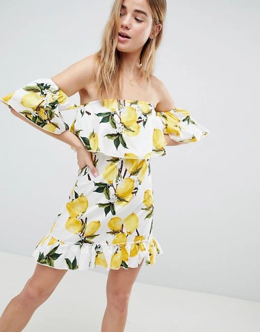 Parisian Lemon Print Off Shoulder Ruffle Dress | ASOS US