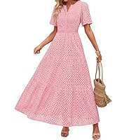 ZESICA Women's 2026 Summer Short Sleeve Maxi Dress Casual V Neck Hollow Out Eyelet Ruffle Swing A... | Amazon (US)