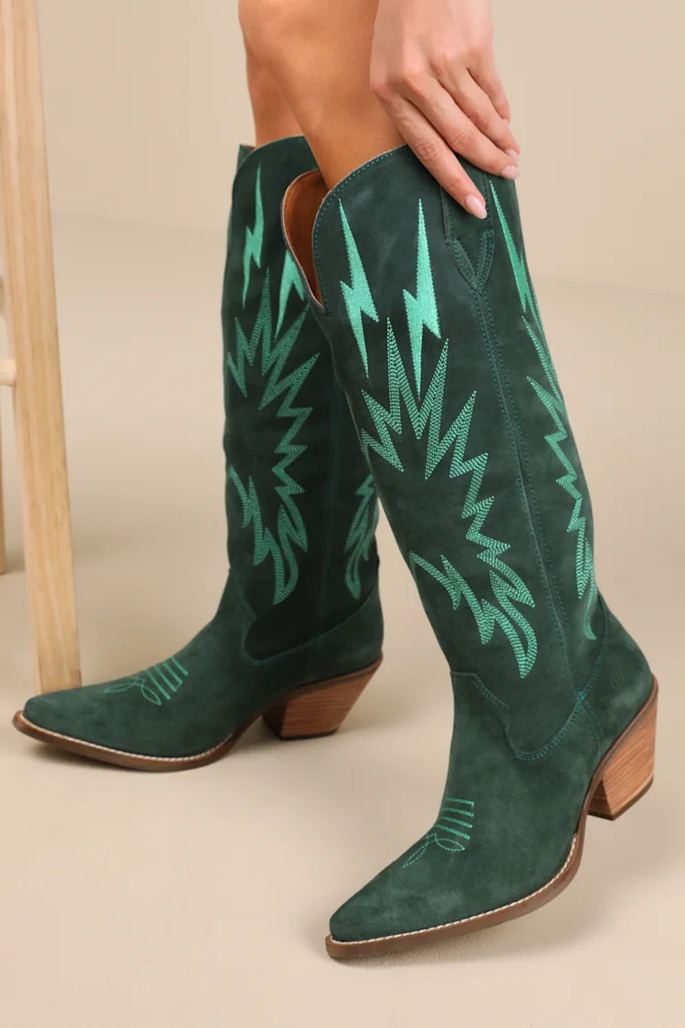 Thunder Road Green Suede Leather Knee-High Western Boots | Lulus