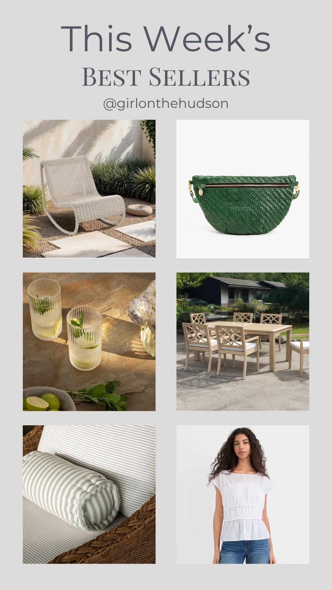 This week’s best sellers! 

Our outdoor dining table, bolster throw pillows and a look-for-less version of our outdoor rockers (all on sale), my gauze top, the perfect summer crossbody bag and our outdoor drinking glasses (several sizes and colors — also on sale!)

#LTKSaleAlert #LTKHome #LTKootd