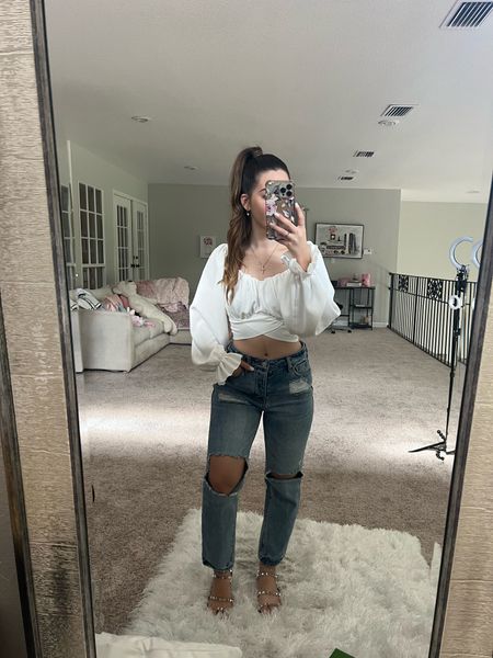 Casual ootd, streetwear chic look. Amazon find crop wrap top (comes in a set with a skirt). Paired with Hollister distresses mom jeans and Steve Madden clear stud sandals. Perfect summer look to run errands. Xoxo

#summer #jeans #momjeans #sandals #stud #silver #ootd #casual #amazon #amazonfinds #datenight 

#LTKU #LTKunder100 #LTKshoecrush