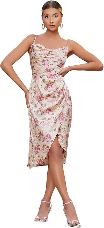 Floerns Women's Floral Print Cowl Neck Ruched Sleeveless Satin Slit Party Dress | Amazon (US)