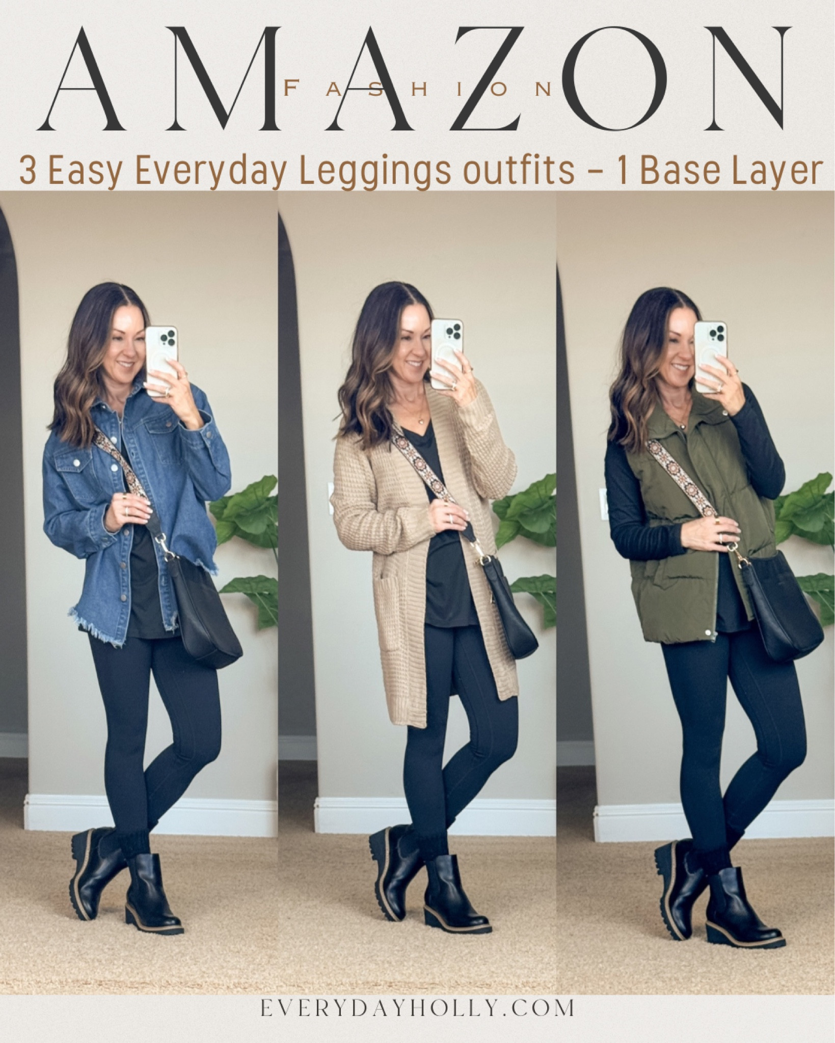 💥67% off Denim jacket!! Only $14.99! 
💥54% off cardigan (39% off + 15% clickable Q-pon)
💥20% off vest select colors
3 Casual Everyday leggings outfits with 1 base layer of with a soft, v-neck long sleeve tunic tee S, Butterlift leggings 25" XS, long cardigan with pockets light khaki S, long denim button down shirt jacket S dark blue, soft oversized puffer vest S green, chelsea boots go up a 1/2 size (linked my 2 faves) , boot socks, crossbody. For Ref: I'm 5'1", 109lbs

#LTKFindsUnder50 #LTKSaleAlert #LTKStyleTip
