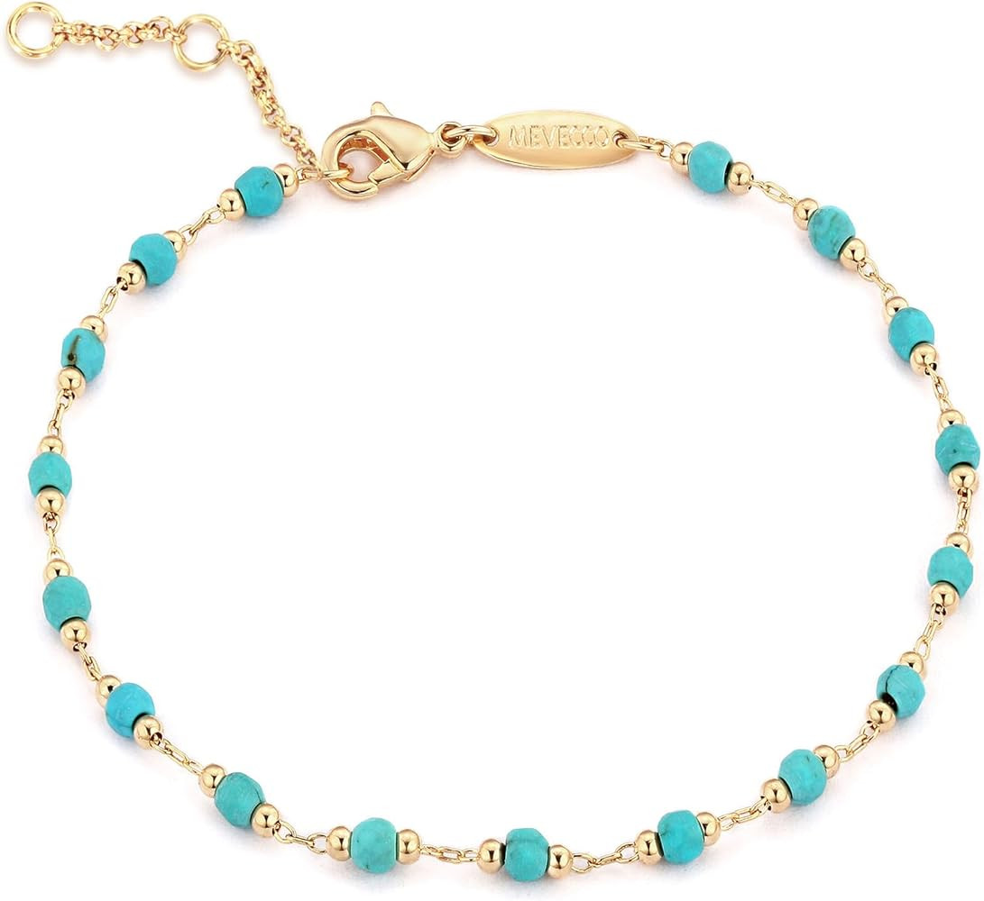 MEVECCO Gold Round Turquoise Beaded Bracelets,14K Gold Plated Handmade Cute Dainty Bracelet for W... | Amazon (US)