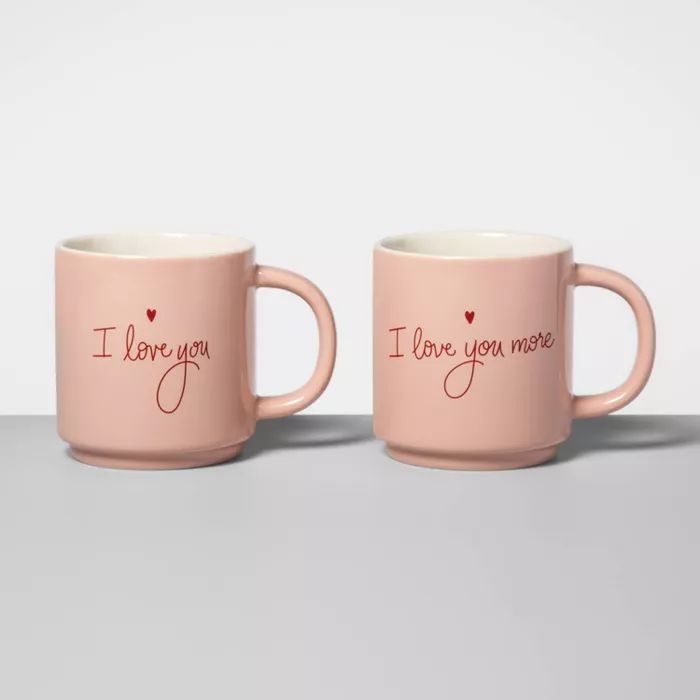 16oz 2pk Stoneware I Love You and I Love You More Mug Set Coral - Opalhouse™ | Target