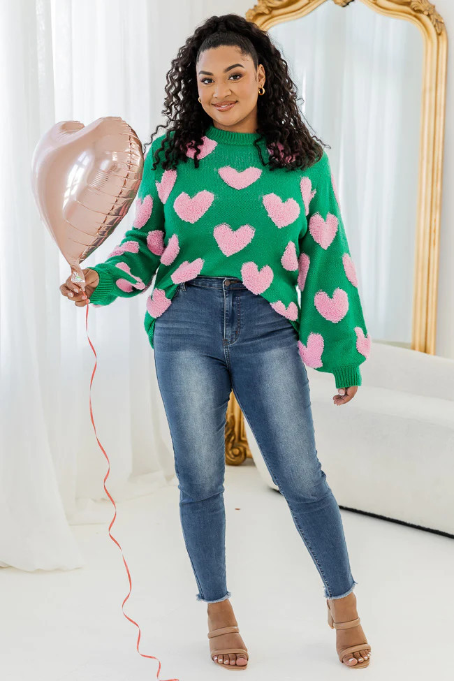 I'll Be There Green Fuzzy Heart Sweater | Pink Lily