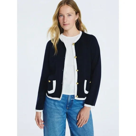 Free Assembly Women's Tipped Patch Pocket Cardigan Sweater, Lightweight, Sizes XS-XXL | Walmart (US)