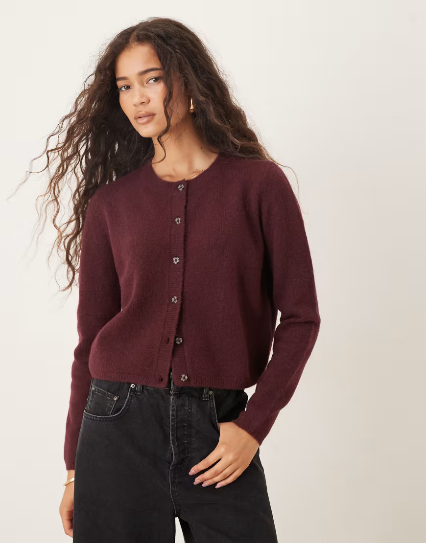 JDY crew neck cardigan with wool in burgundy - BURGUNDY-Red | ASOS (Global)