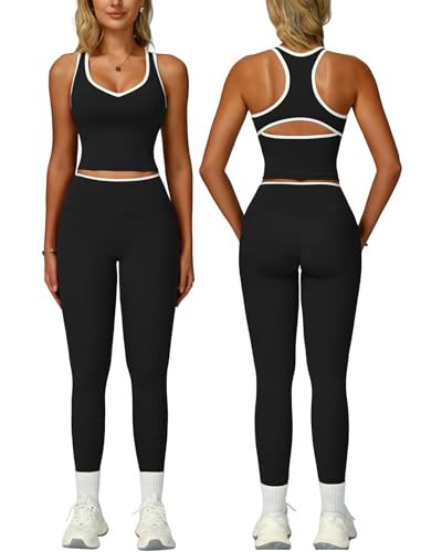 2 Piece Workout Sets for Women Racerback Color Block Tank Tops Matching High Waist Tummy Control Leggings Clothes Womens Two Piece Athletic Set Gym Wear Active Yoga Outfits Black S | Amazon (US)