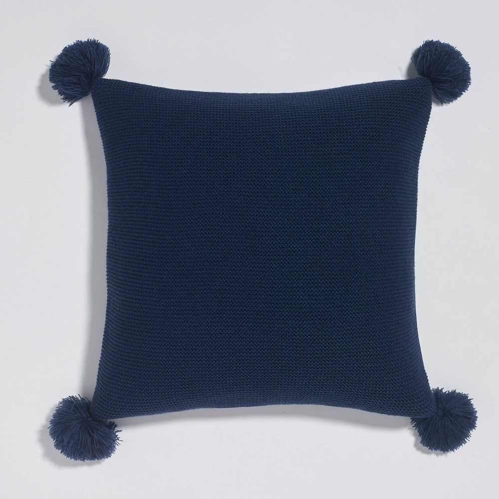 18""x18"" Sweater Knit Pom-Pom Reversible Throw Pillow Blue - Sure Fit | Target