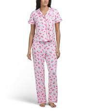 2pc Cherry Toss Short Sleeve Notch Collar Top And Pants Pajama Set | TJ Maxx