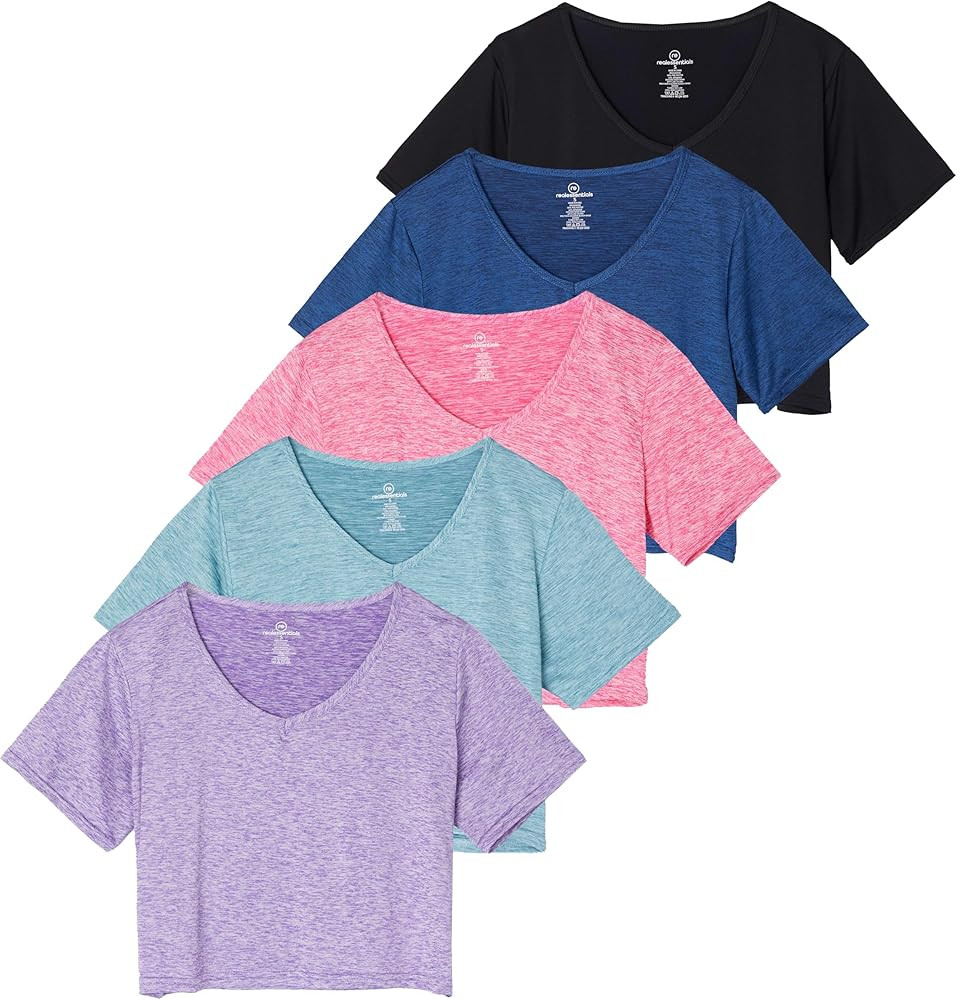 Real Essentials 5 Pack: Women's Dry-Fit Short Sleeve V-Neck Crop Top Boxy Athletic Tee | Amazon (US)