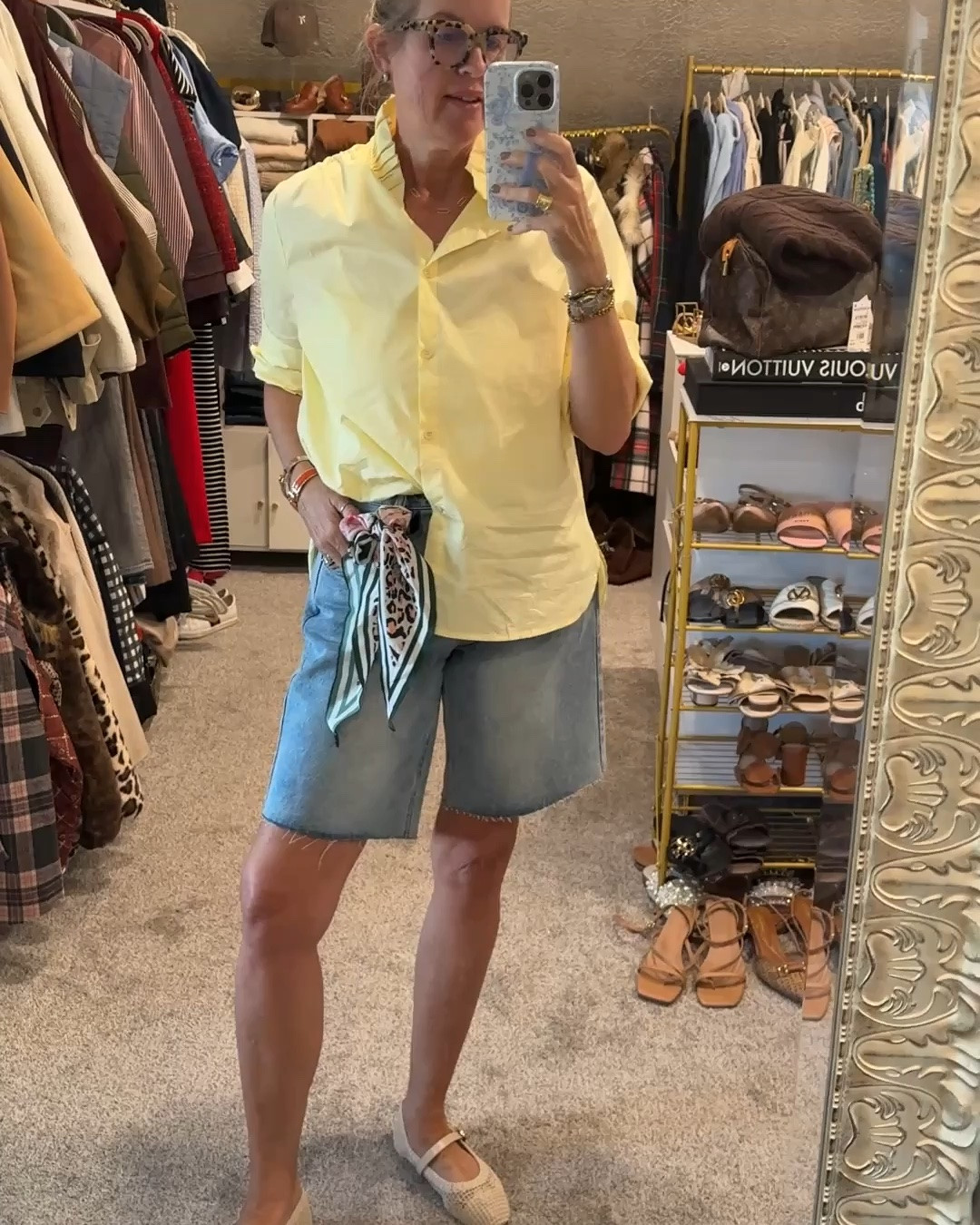 Outfit of the day✔️
Transition from now to fall

Butter yellow button up with ruffle collar, with long sleeves.. fits tts and comes in several colors it’s so good you’ll want all the colors ☀️

Paired with long denim shorts/ jorts fit tts and can easily be worn into Fall. 

Tied a little scarf to belt loop (this one is free people) old Will link similar 

Crochet affordable ballet flats  perfect for now and into fall
Tts 

Manufactured diamond stud earrings 6 Caret 

Benny’s reading glasses

#LTKootd #LTKOver40 #LTKdayinmylife