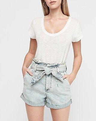 Super High Waisted Pleated Tie Paperbag Jean Shorts | Express