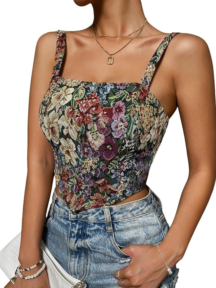 GORGLITTER Women's Floral Cami Crop Top Bandana Hem Shirred Strappy Camisole | Amazon (US)