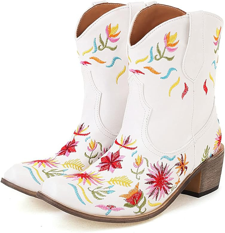 heelchic Women Vintage Flower Embroidered Cowgirl Boots Retro Short Western Ankle Boots | Amazon (US)