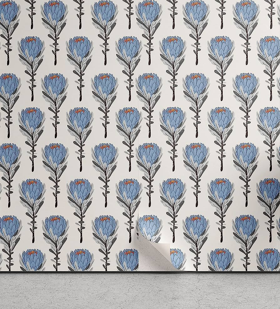 Ambesonne Dusty Blue Peel & Stick Wallpaper for Home, Vintage Hand Drawn Protea Flowers Nature Th... | Amazon (US)