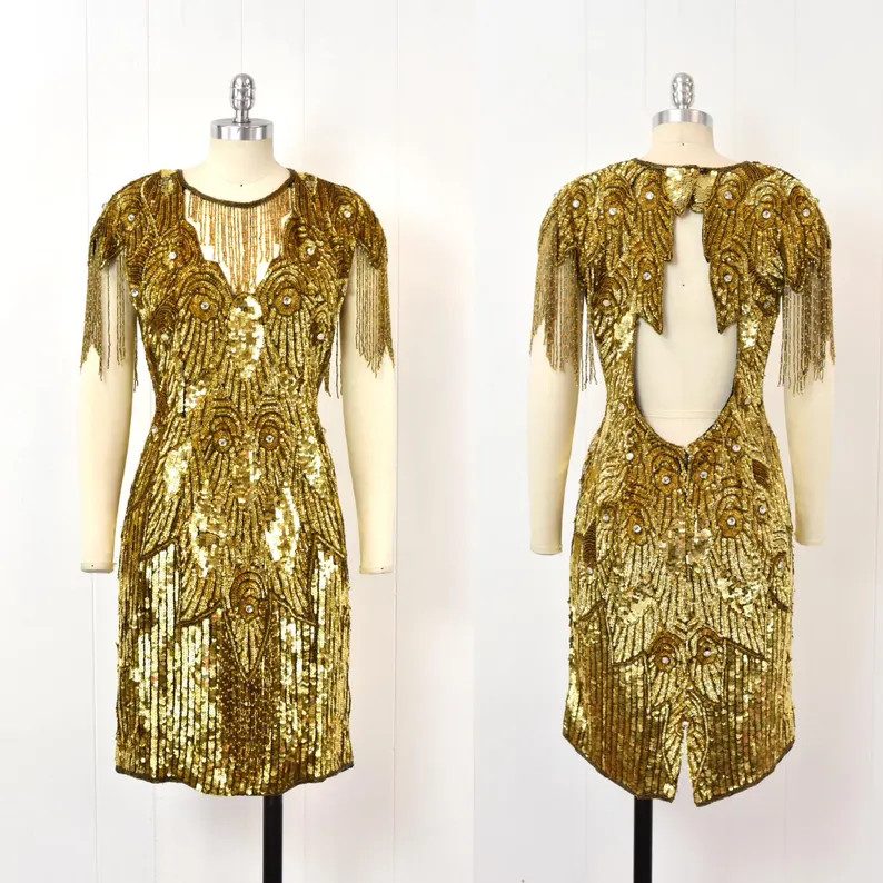 1980s Gold Sequin Beaded Fringe Open Back Sequins Originals Party Dress | Etsy (Global)
