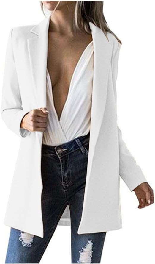 Long Blazers Open Front Suit Jackets for Women UK Business Casual Loose-Fit Notch Lapel Collar Bl... | Amazon (UK)