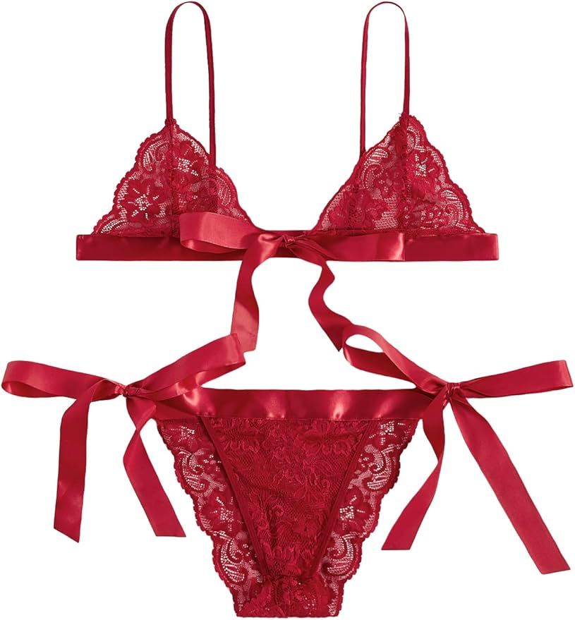 SweatyRocks Women's Sexy Floral Lace Scalloped Trim Self Tie Panty Mesh Lingerie Set | Amazon (US)