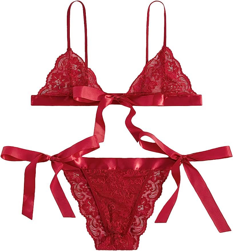 SweatyRocks Women's Sexy Floral Lace Scalloped Trim Self Tie Panty Mesh Lingerie Set | Amazon (US)