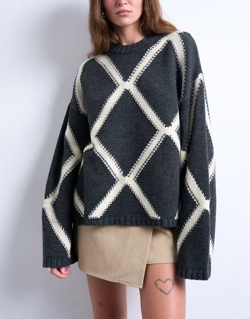 Topshop knit argyle sweater in charcoal-Gray | ASOS (Global)