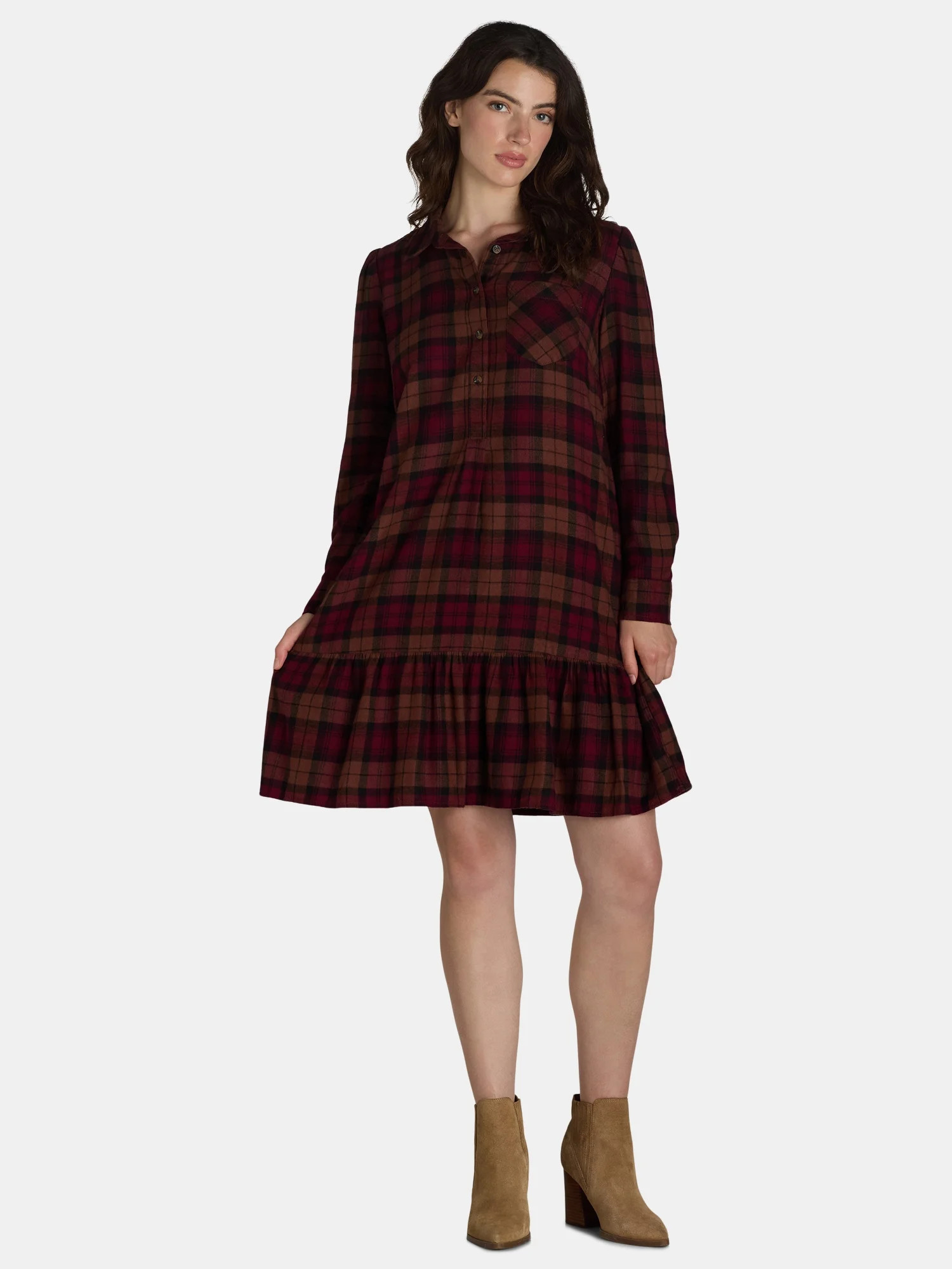 Time and Tru Women's Plaid Mini Dress with Long-Sleeves, Sizes XS-XXXL | Walmart (US)