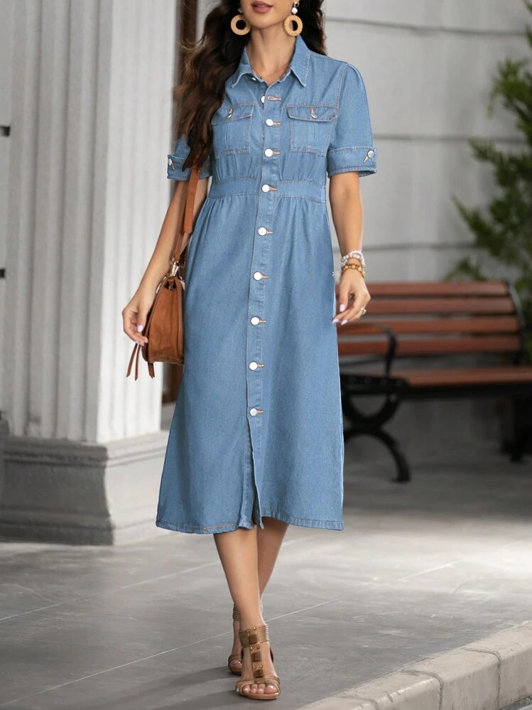 Women's V-Neck Denim Shirt Dress With Short Sleeves - Waist A-Line Design, Stylish And Comfortabl... | SHEIN