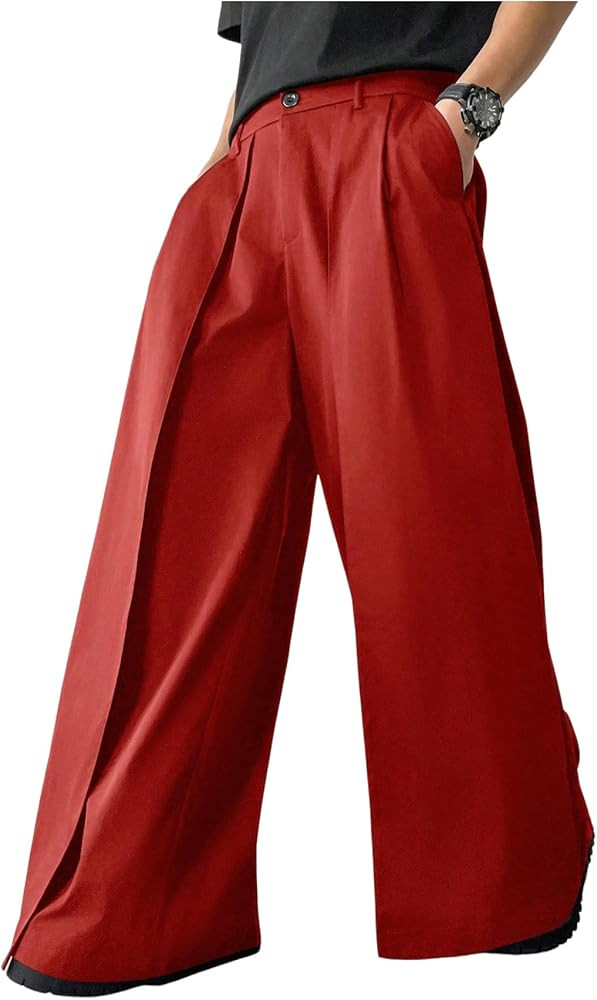 OYOANGLE Men's Baggy Wide Leg Pants Zipper Fly Pleated Trousers Business Casual Dress Pants with ... | Amazon (US)