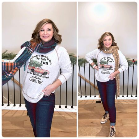 What scarf though? 

I posted this sweatshirt yesterday but the picture was a little fuzzy. These ones are better. ￼￼😂😂😂￼My cute graphic sweatshirt is $19.99 today, right now￼!!! I’m wearing a small, (regularly priced $45) 

Xo, Brooke

#LTKSeasonal #LTKsalealert #LTKstyletip