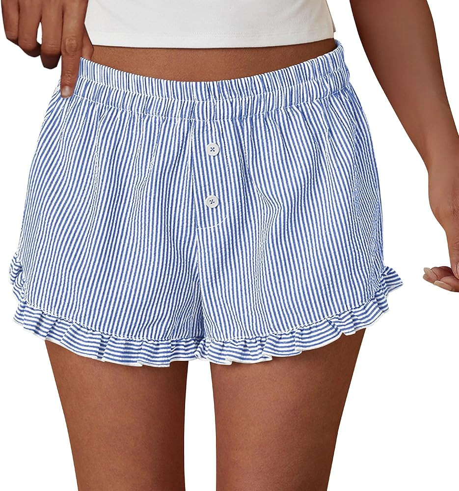 PRETTYGARDEN Womens Boxer Shorts Y2K Ruffle Pajama 2026 Summer Spring Lounge Sleep Striped Casual... | Amazon (US)