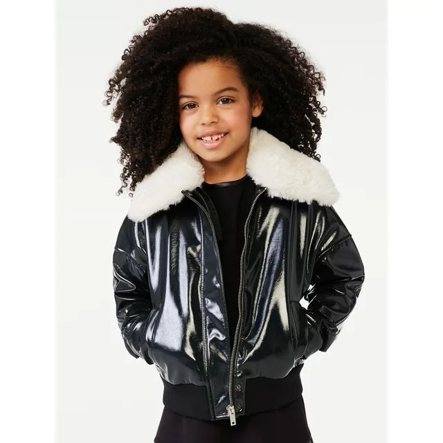 Scoop Girls Faux Leather Bomber Jacket with Faux Fur Collar, Sizes 4-16 | Walmart (US)