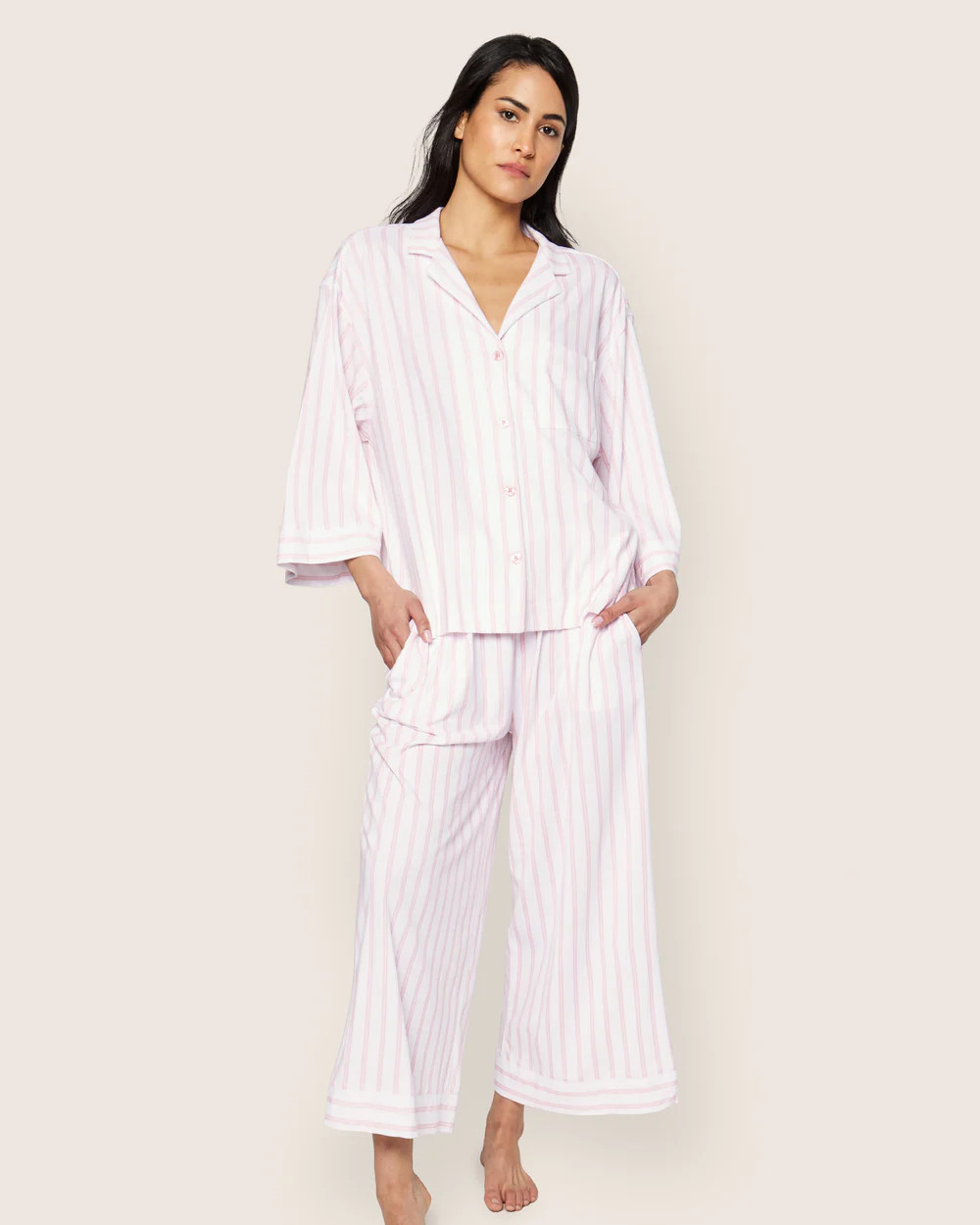 The Olivia Wide Leg Lightweight Pima Pajama Set in Fleur Blanche | Petite Plume