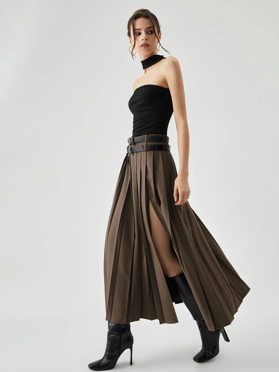 Pleated Split Maxi Skirt Without Belt | Commense