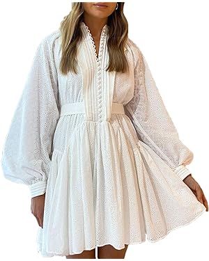 Aoxwomens Button Down Shift Swing Dress Ruffle Sleeve Tunic Midi Sundress Pockets Mini Skirt with... | Amazon (US)