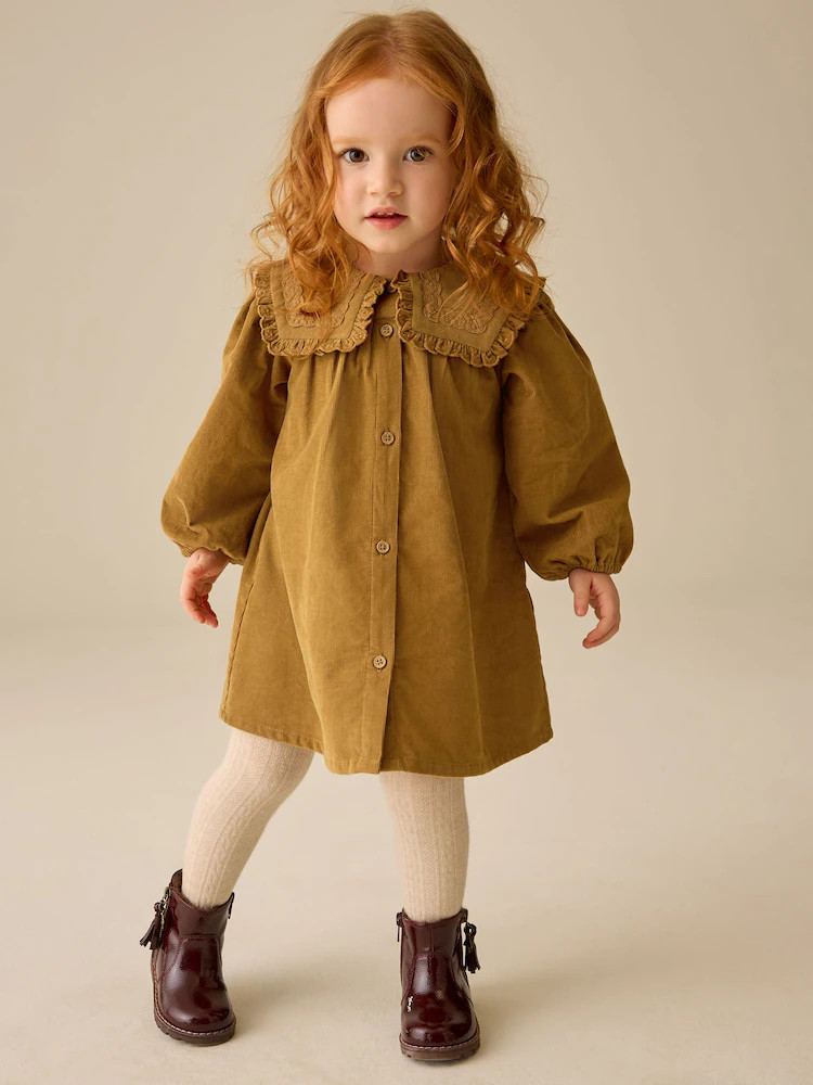Mustard Yellow Collar Detail Long Sleeve Cord Dress (3mths-8yrs) | Next US