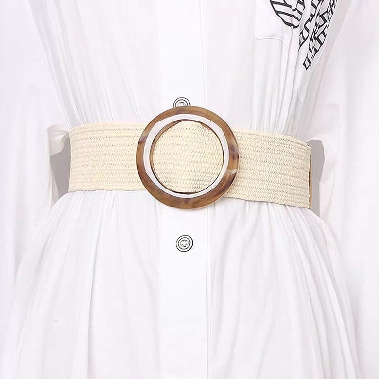 Women Skinny Dress Belt, Fashion Straw Woven Elastic Stretch Waist Band Belt Round Wood Buckle Be... | Amazon (US)