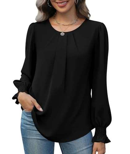 Funlingo Black Long Sleeve Tops for Women Dressy Smocked Crewneck Loose Fit Tunic Blouse Business Casual Outfits Professional Dress Shirts Plus Size 2XL | Amazon (US)