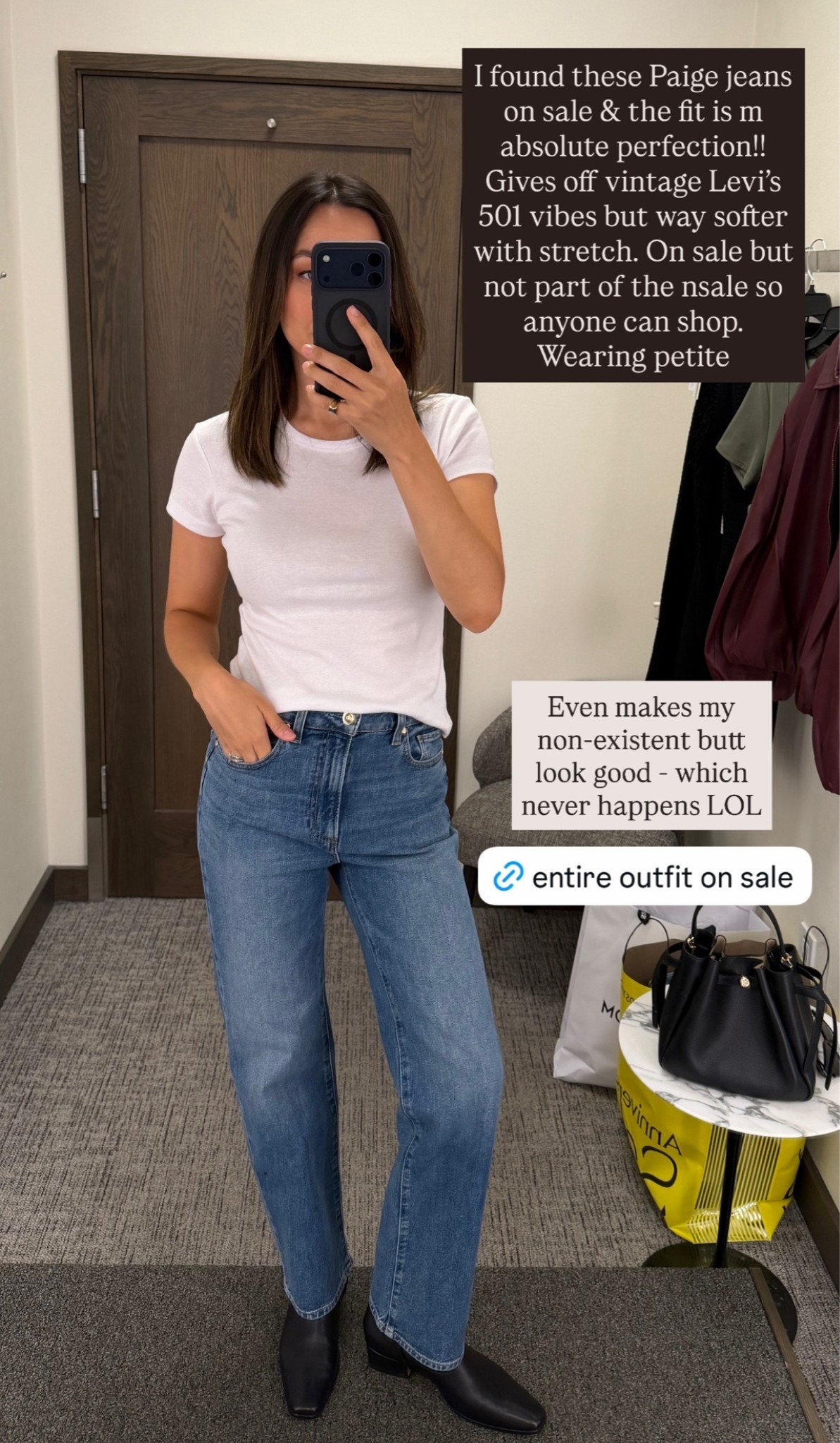 Found some designer jeans on sale (anyone can shop!). These Paige straight
Leg are perfection. Wearing 25 petite 

Allsaints tee small