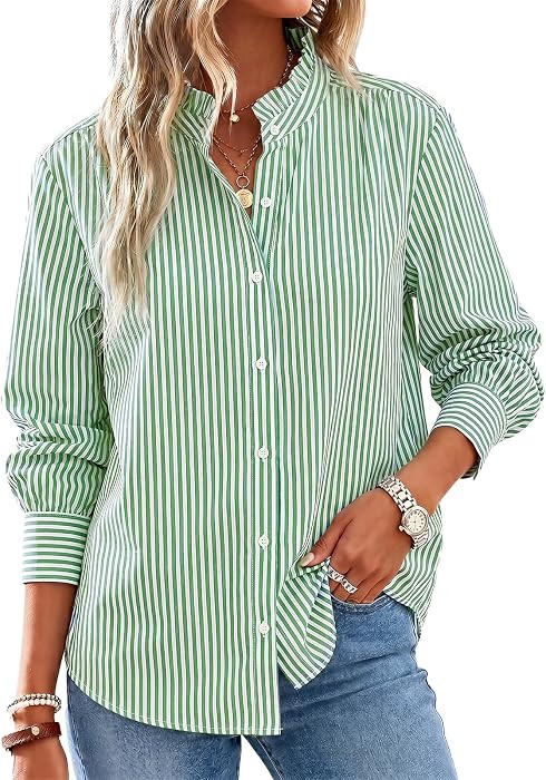 Cicy Bell Womens Oversized Button Down Shirts Long Sleeve Ruffle Collar Top | Amazon (US)
